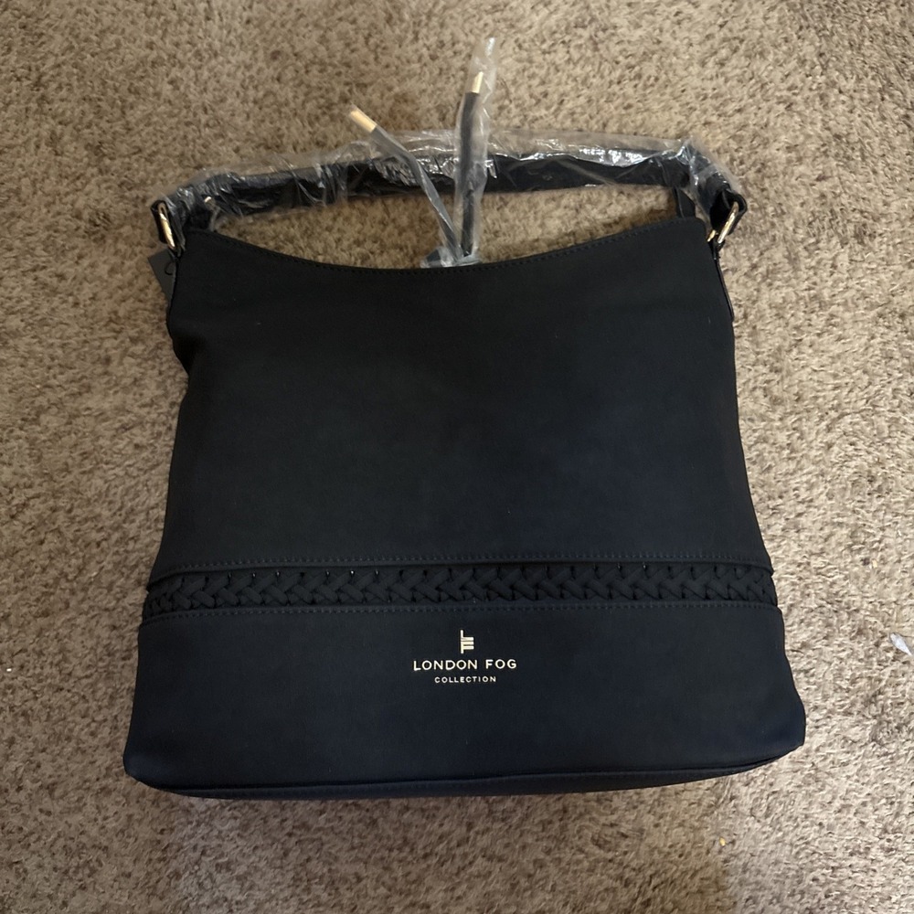 London Fog Elena Faux Suede Hobo Bag Purse Handbag Black Tote Braided‎ Accent